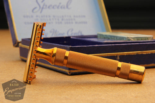 Gillette 1930's Blue-Gold NEW Set - Short Comb DE Razor in Original Box