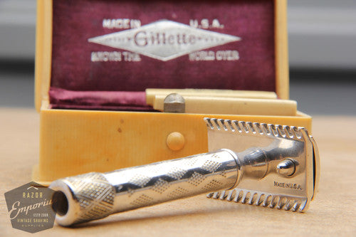 Gillette 1910 Silver New Standard DE Safety Razor in French Ivory Case