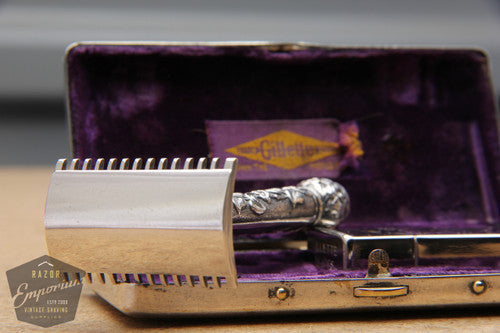 Gillette 1911 Silver ABC Pocket Edition Floral Handle - Old Type Open Comb DE Razor Set