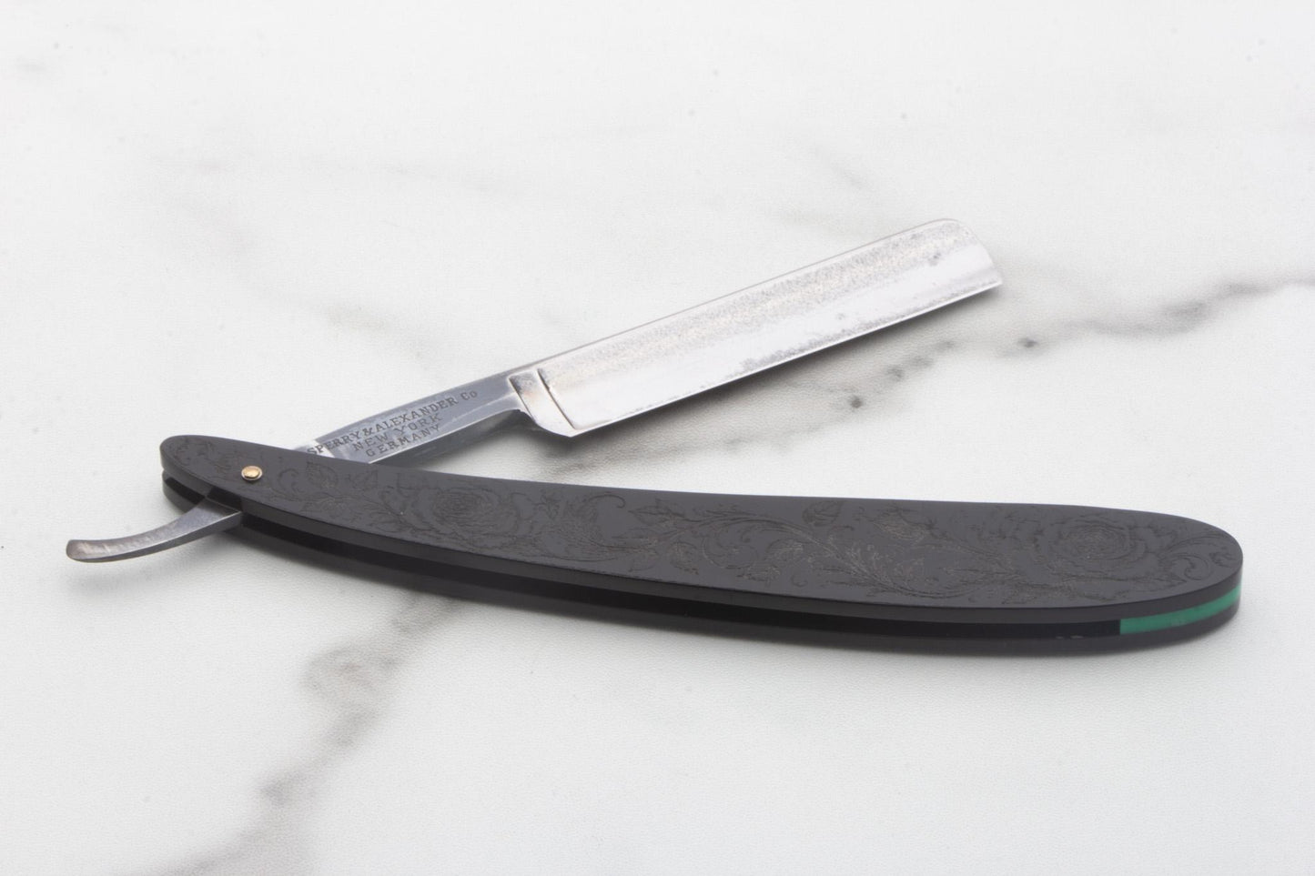 4/8" Vintage Restored Sperry & Alexander Co. Black Beauty Straight Razor With Rose Etched Scales