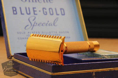 Gillette 1930's Blue-Gold NEW Set - Short Comb DE Razor in Original Box