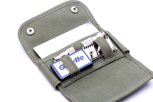WWI Open Comb Double Edge Safety Razor Travel "Khaki" Set w/ Mirror | Nickel Head Revamp w/ Replica Handle