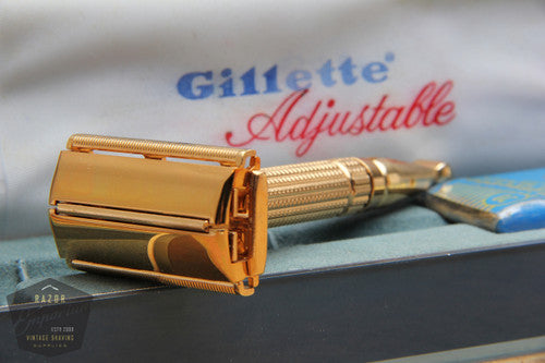 Gillette 1960 Gold Toggle Adjustable DE Safety Razor Set w/ Case & Instructions - F4