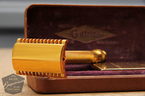 Gillette 1930's Gold Ball End Old Type Style DE Razor in Brown Leather Case