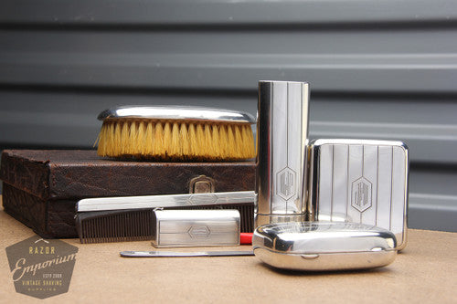 Gillette 1922 New Improved Sterling Silver Travel Combination Set in Brown leather box-RARE