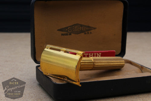 Gillette 1940's Gold Fat Handle Tech Razor in Black Leather Box