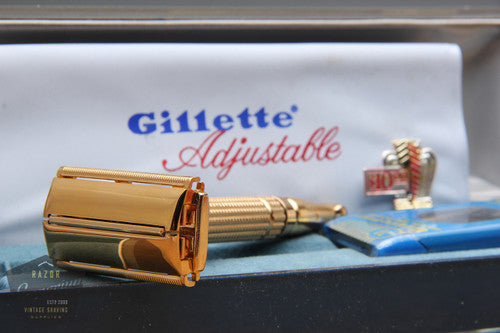 Gillette 1960 Gold Toggle Adjustable DE Safety Razor Set with Case & Instructions - F4