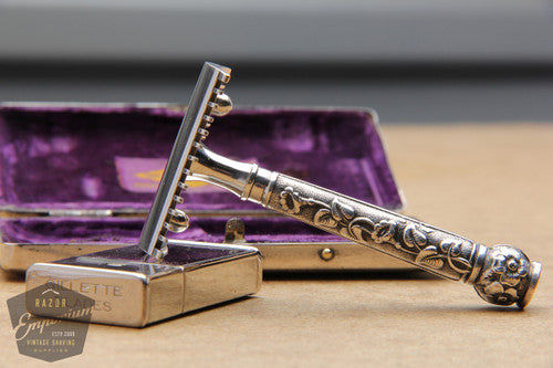Gillette 1911 Silver ABC Pocket Edition Floral Handle - Old Type Open Comb DE Razor Set