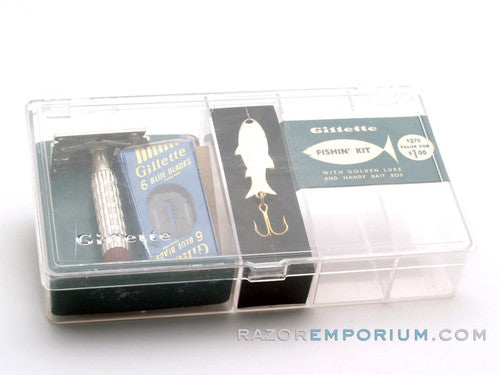 1958 D1 Gillette Heavy Red Tip DE Super Speed Safety Razor Fishing Kit w/ Case, Lure & Blade Bank - New Old Stock