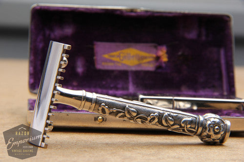 Gillette 1911 Silver ABC Pocket Edition Floral Handle - Old Type Open Comb DE Razor Set