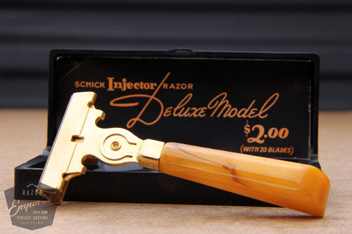 Schick 1940's Deluxe Model Injector with Yellow Bakelite Handle & Black Case
