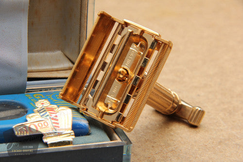 Gillette 1960 Gold Toggle Adjustable DE Safety Razor Set w/ Case & Instructions - F4