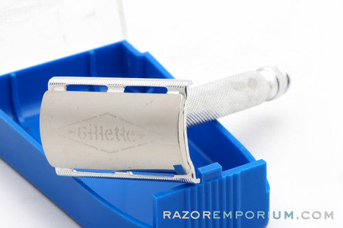 1960's Gillette Handle Ball End Tech Safety Razor w/ Blue Snap Case - Made in England