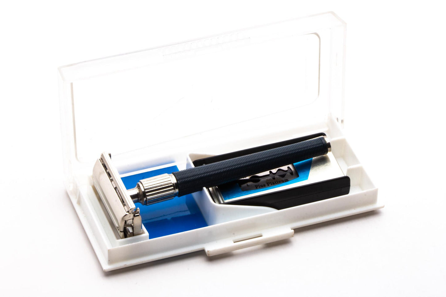 1993 N2 Gillette Slim Twist Knack Blue Handle Double Edge Safety Razor Set | Original Condition