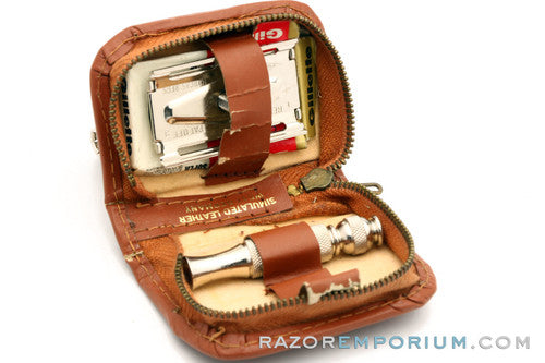 1966 Gillette Travel Tech Safety Razor Brown Leather Case L4