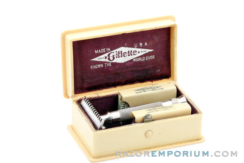 1914 Gillette Fluted Tip Aristocrat w/ French Ivory Case and Original Blade Banks
