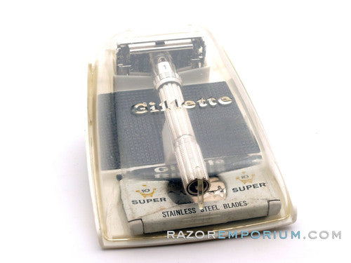 1966 L4 Gillette Slim Adjustable Safety Razor Nickel w/ Black Case & Blade Bank