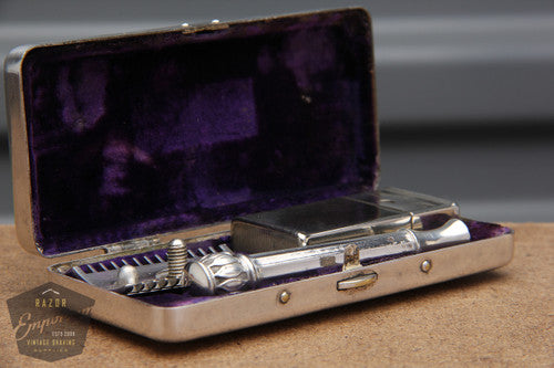 Gillette 1911 Silver ABC Pocket Edition Lined Handle - Old Type Open Comb DE Razor Set