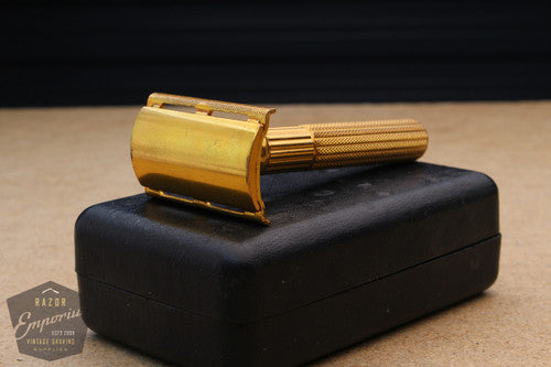 Gillette 1940's Gold Fat Handle Tech Razor in Black Leather Box