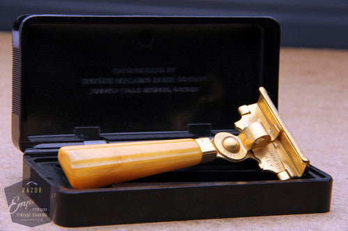 Schick 1930's Gold Injector w/ Yellow Bakelite Handle & Black Case