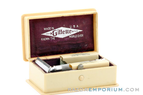 1914 Gillette Fluted Tip Aristocrat w/ French Ivory Case and Original Blade Banks