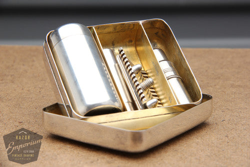 Gillette 1922 New Improved Sterling Silver Travel Combination Set in Brown leather box-RARE
