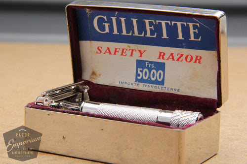 Gillette 1948 Rhodium Aristocrat No. 15 DE Safety Razor in Metal Case - Made in England