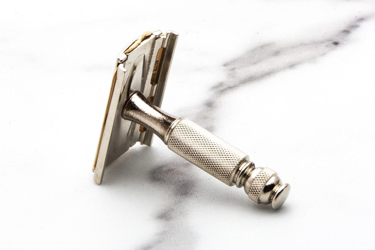 1965 K2 Gillette Travel Double Edge Safety Razor Set with Brown Leather Case | Original Condition
