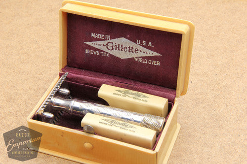 Gillette 1910 Silver New Standard DE Safety Razor in French Ivory Case