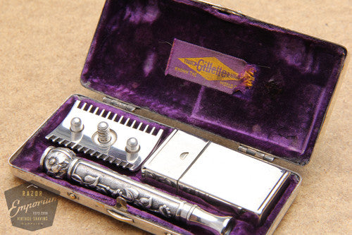 Gillette 1911 Silver ABC Pocket Edition Floral Handle - Old Type Open Comb DE Razor Set