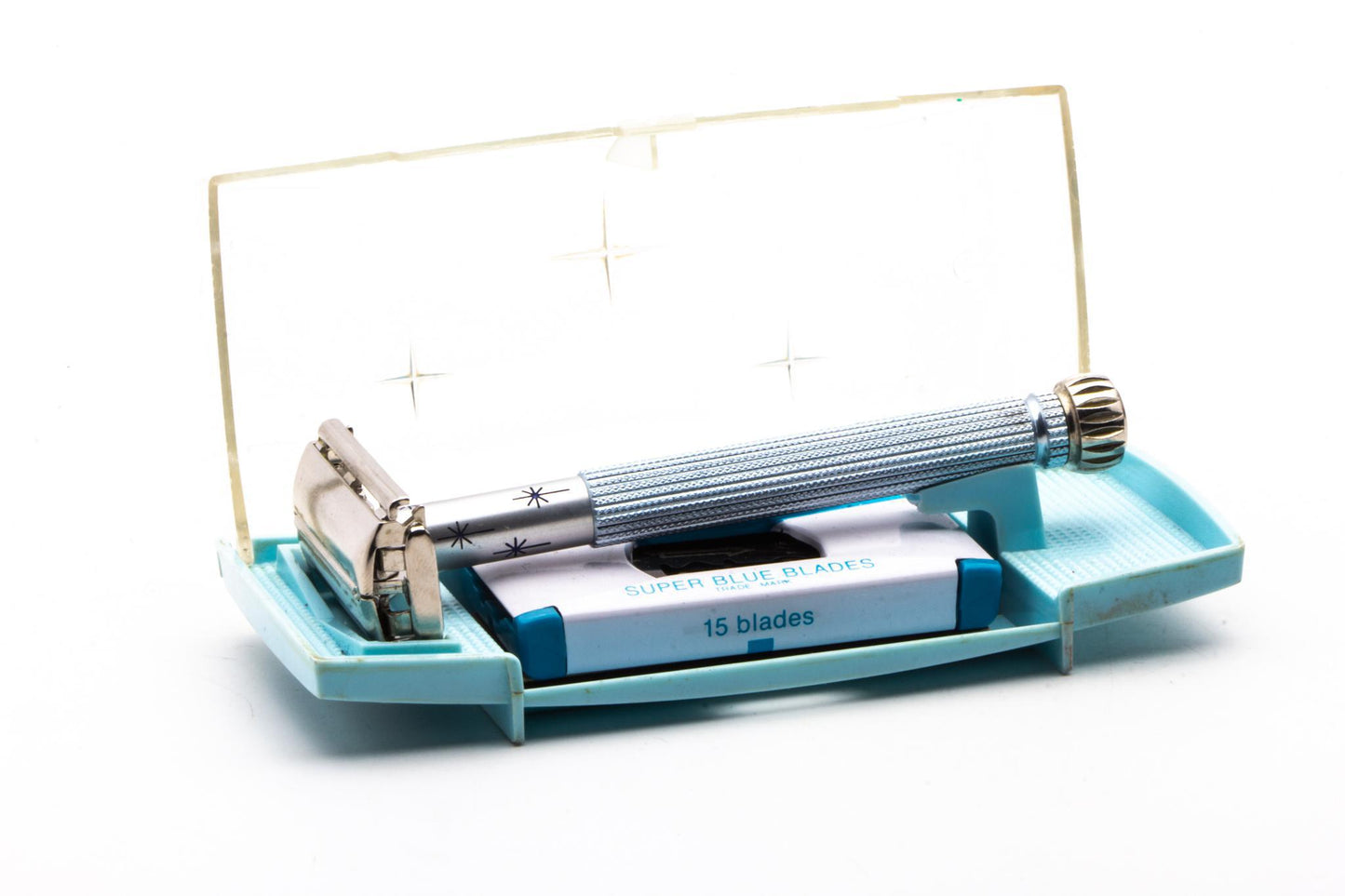 1964 J4 Gillette Lady Blue Star Double Edge Safety Razor Set | Original Condition