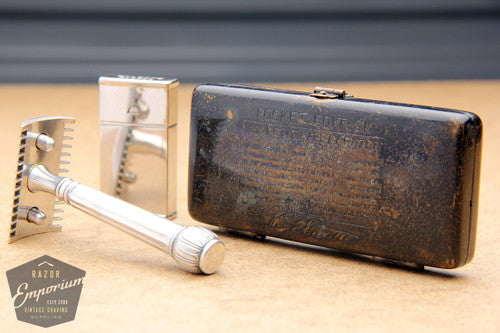 Gillette 1910 Silver ABC Pocket Edition Lined Handle - Old Type Open Comb DE Razor Set