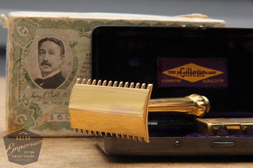 Gillette 1912 Gold ABC Pocket Edition Lined Handle - Old Type Open Comb DE Razor - NOS