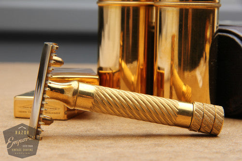 Gillette 1919 Gold Bulldog Travel Single Ring Combination Set in Original Black Leather Case
