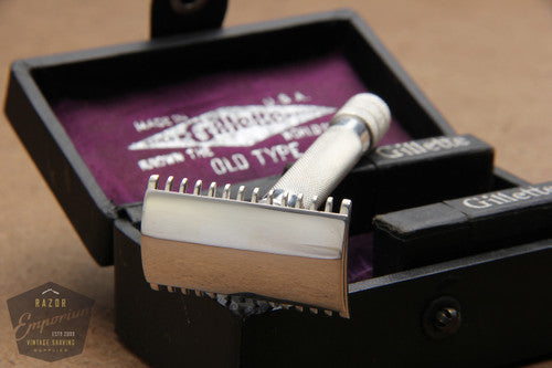 Gillette 1920 Silver Single Ring Old Type DE Razor Set in Leather Case w/ Leather Blade Banks * REVAMPED