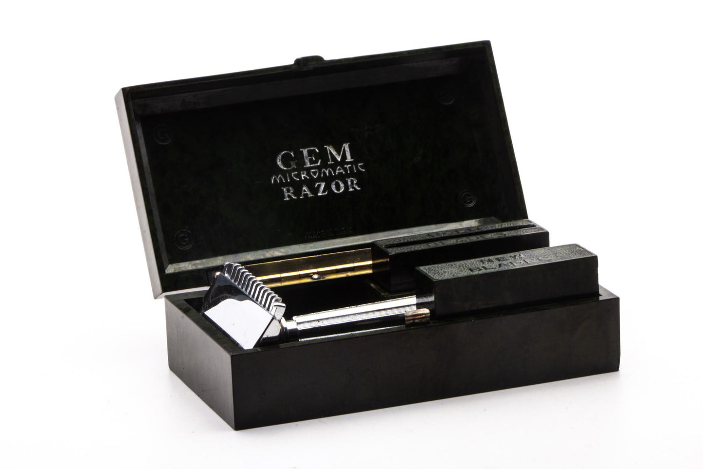 1940's Gem Micromatic Single Edge Razor in Art Deco Green Case | Original Condition
