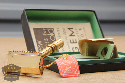 Gem NEW Gold 1940's Single Edge Safety Razor w/ Green Box - NOS