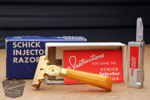 Schick 1950's Gold Injector w/ Yellow Bakelite Handle & Orig. Box