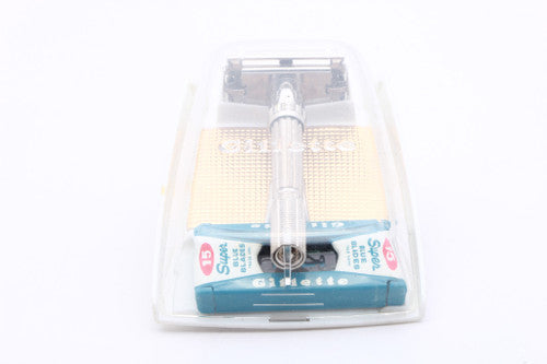 1962 H2 Gillette Slim Adjustable Double Edge Safety Razor Set with Case & Blade Bank