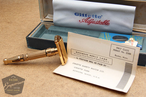 Gillette 1960 Gold Toggle Adjustable DE Safety Razor Set w/ Case & Instructions - F4