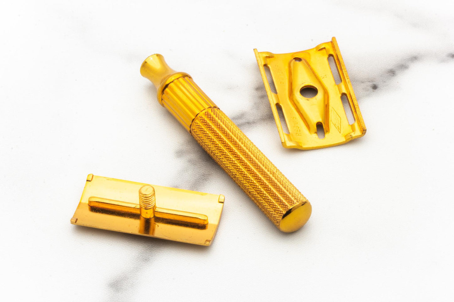 1940's Gillette Gold Fat Handle Tech Double Edge Safety Razor Set | Original Condition