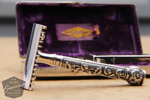 Gillette 1911 Silver ABC Pocket Edition Floral Handle - Old Type Open Comb DE Razor Set