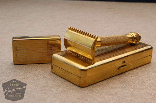 Gillette 1930's Ball End Old Type Style Razor in Gold Pinstripe Case