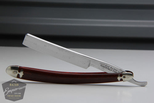9/16" Sheffield Razor Co. Straight Razor w/ Red Faux Wood Design Scales | Near Wedge