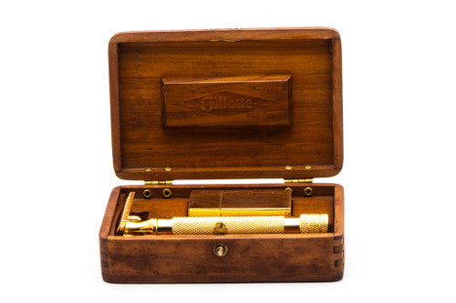 1920 Gillette Big Fellow Double Edge Safety Razor Set in Original Wooden Case w/ Gold Blade Bank