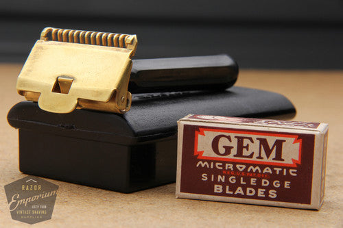 Gem Junior Gold 1940's Single Edge Safety Razor w/ Black Slide Case