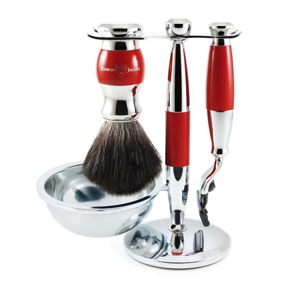Edwin Jagger Gillette Mach3 Razor Shaving Set Red & Chrome 4pc (Black Synthetic)