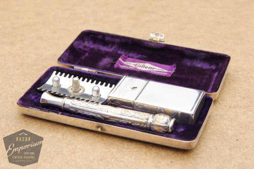 Gillette 1910 Silver Empire Set - Old Type Open Comb DE Razor Set - Excellent