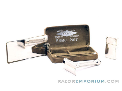 1918 Gillette Ball End Old Type Khaki Service DE Razor Set w/ Replica Handle