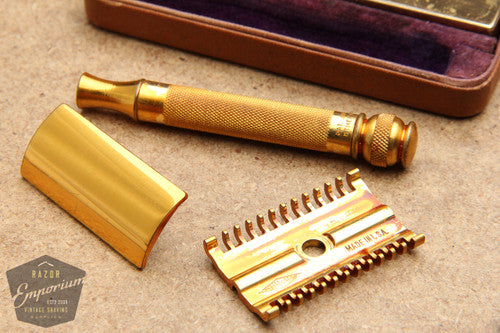Gillette 1930's Gold Ball End Old Type Style DE Razor in Brown Leather Case